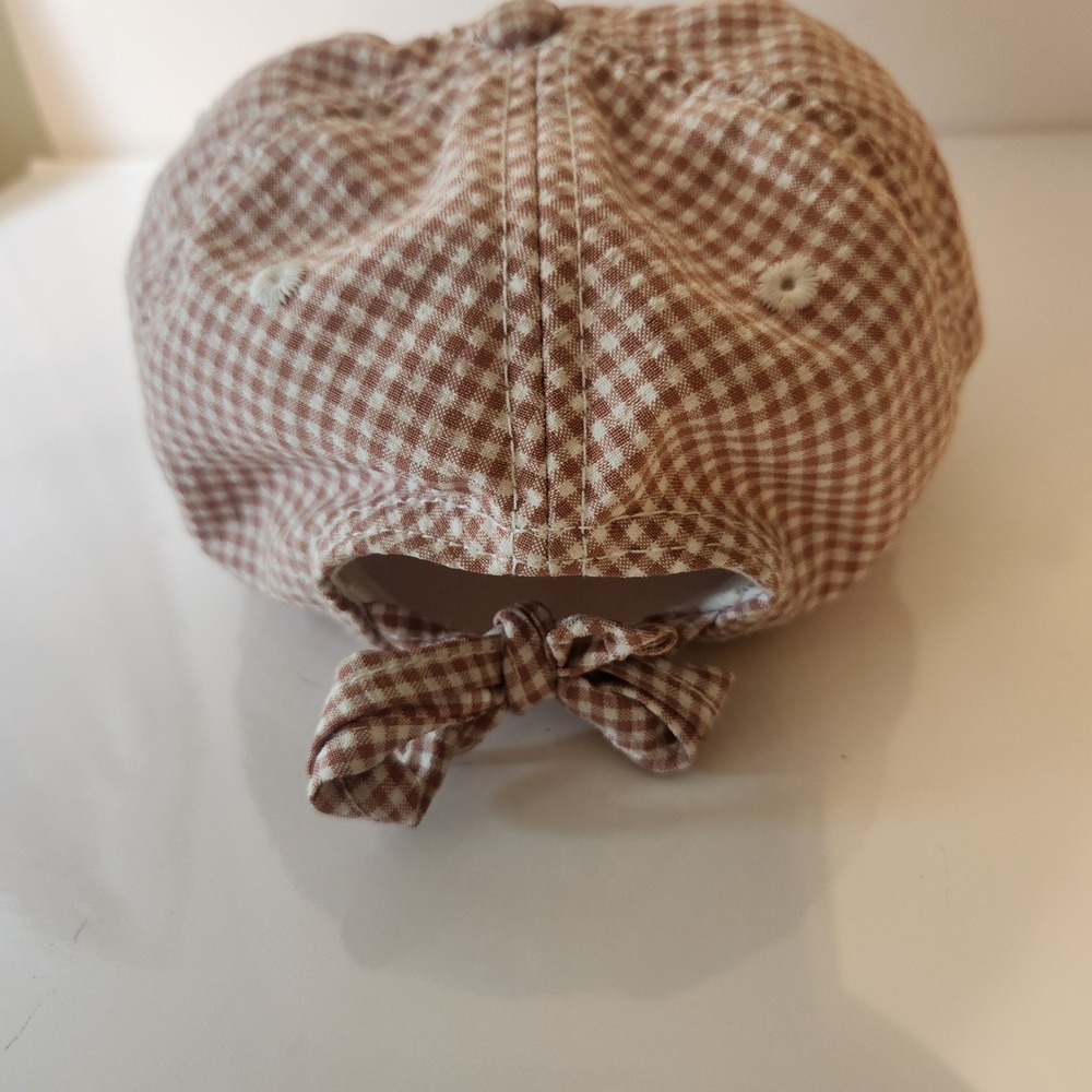 Madewell Gingham Check Tie Back Baseball Cap Tan White Bow Adjustable Hat